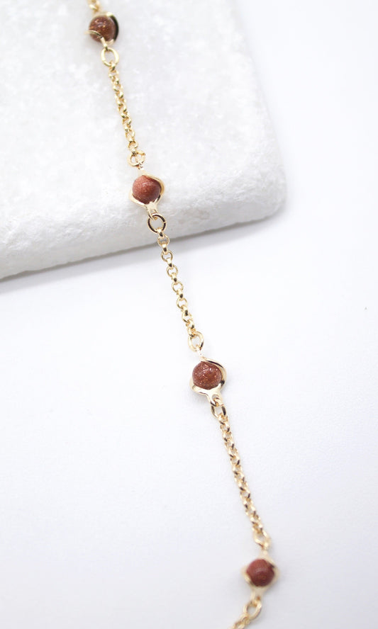 18K Gold Filled 5mm Designed Brown aventurine Bead Necklace (F221)